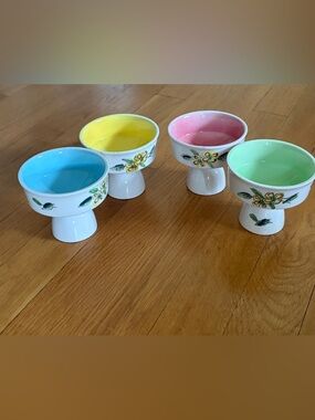 Vintage Set of 4 Porcelain Blue Green Egg Holders Coddlers Mid Century Modern 3”